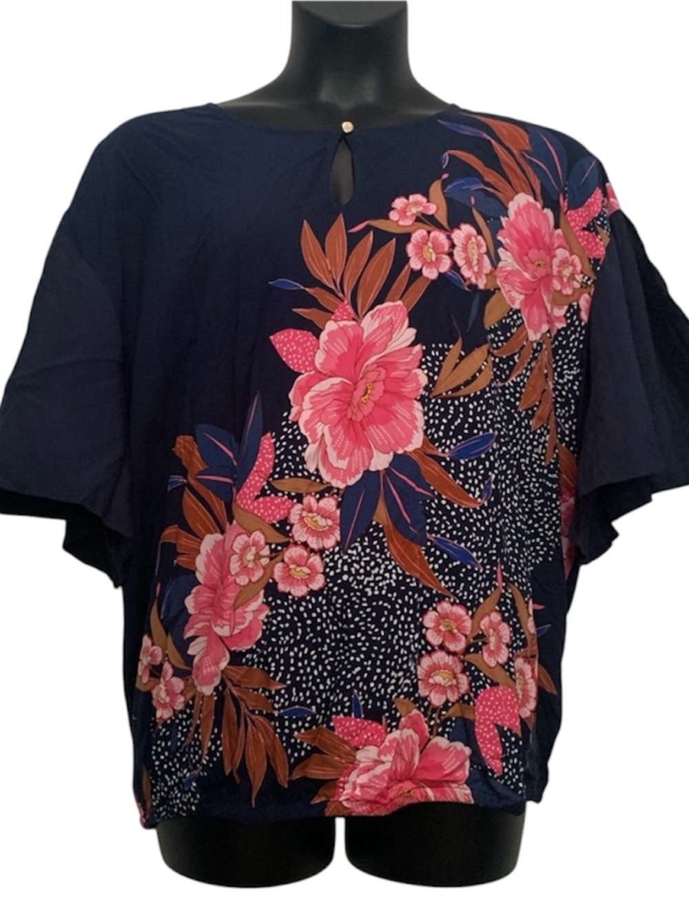 JM Collection Navy Floral Blouse Flutter Sleeves 2X New